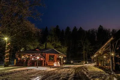 a log cabin in the snow at night at Penzion Pibernik in Bled