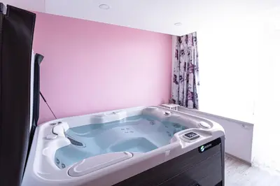 a bath tub in a room with a pink wall at Grajski Dvor in Radovljica