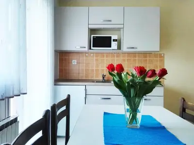 a vase of red tulips on a table in a kitchen at Apartments Silič in Bled