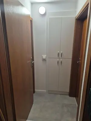 a hallway with two closets and a door at Apartments Silič in Bled