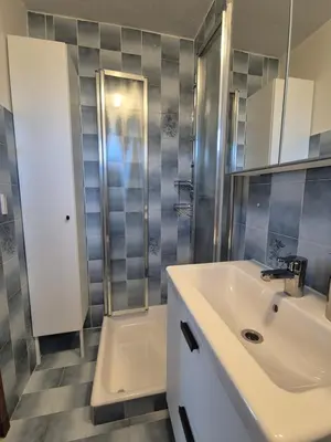 a bathroom with a sink and a shower at Apartments Silič in Bled