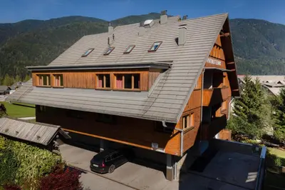 a house with a metal roof on top of it at Apartments Telemark Kranjska Gora in Kranjska Gora