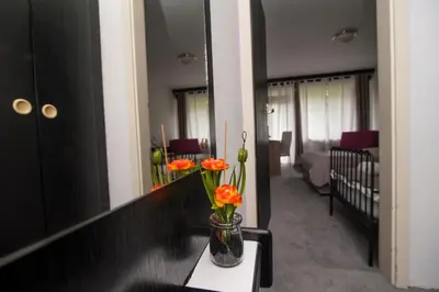 a vase with orange flowers on a table in a room at Hotel Faraon in Celje