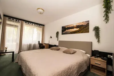 a bedroom with a bed and a desk and a television at Hotel Faraon in Celje