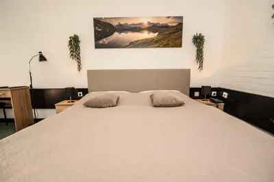 a bedroom with a large bed with two pillows on it at Hotel Faraon in Celje