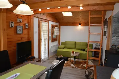 a living room with a green couch and a television at Studio ALPIKA in Luče