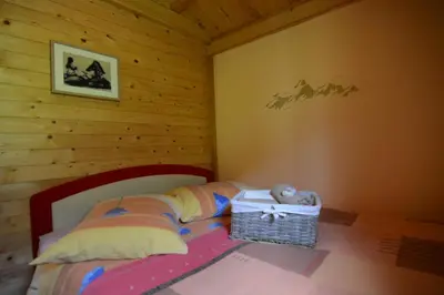 a bedroom with a bed with a wooden wall at Studio ALPIKA in Luče