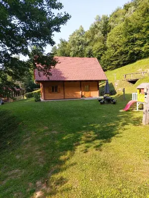 a small cabin with a red roof in a yard at Brunarica in Globoko