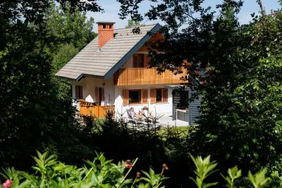 a small white house with a roof and trees at Chalet Ana Bohinj in Bohinj