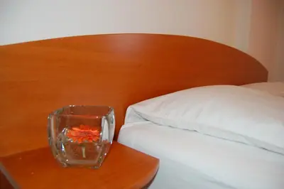 a vase sitting on a table next to a bed at Penzion Pri Slovenc in Dol pri Ljubljani