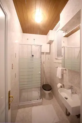 a bathroom with a shower and a toilet and a sink at Skyscraper Apartment Tour As Ljubljana in Ljubljana