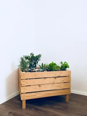 a wooden crate filled with plants on a wall at Urban herbs apartment in Ljubljana