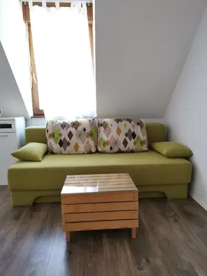 a green couch in a living room with a coffee table at Urban herbs apartment in Ljubljana