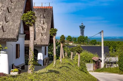 a house on a hill with a tower in the background at Kmečka Hiška - Hiša vina Cuk in Lendava