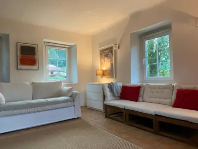 a living room with two couches and two windows at Ciginj old stone house in Čiginj