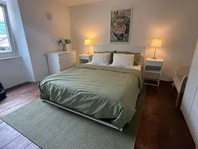 a bedroom with a large bed with two lamps at Ciginj old stone house in Čiginj