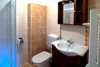 a bathroom with a toilet and a sink and a shower at Hiša posebne Sorte in Kodreti