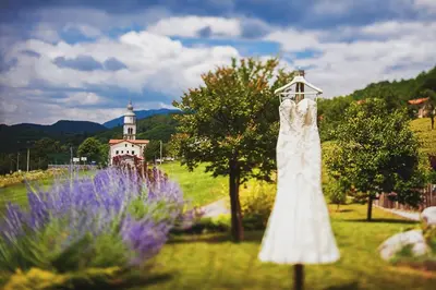 a wedding dress hanging on a pole in a field at Hiša posebne Sorte in Kodreti