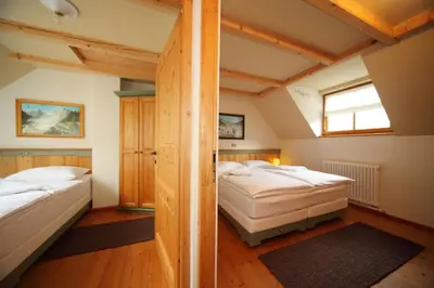 two beds in a room with wooden walls at Kronau Chalet Resort in Kranjska Gora
