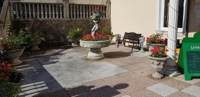 a courtyard with flower pots and a fountain with flowers at Hotel Razgorsek in Velenje