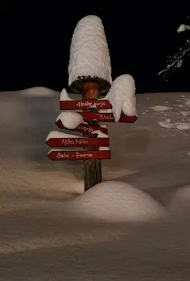 a wooden sign in the snow with a bunch of signs at Farm Stay 