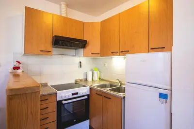a kitchen with wooden cabinets and a white refrigerator at POČITNIŠKI APARTMAJI - Extraordinary apartment in Banovci in Veržej