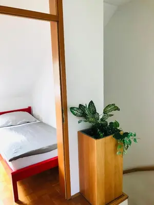 a bedroom with a potted plant next to a bed at POČITNIŠKI APARTMAJI - Extraordinary apartment in Banovci in Veržej