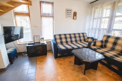 a living room with two couches and a tv at POČITNIŠKI APARTMAJI - Extraordinary apartment in Banovci in Veržej