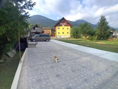 a dog walking down a street with a yellow house at Apartments Tubej in Bohinj