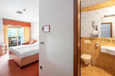 a bedroom with a bed and a bathroom with a sink at Terme Banovci - Hotel Zeleni Gaj in Banovci