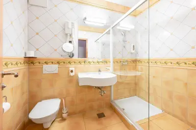 a bathroom with a toilet and a sink and a shower at Terme Banovci - Hotel Zeleni Gaj in Banovci