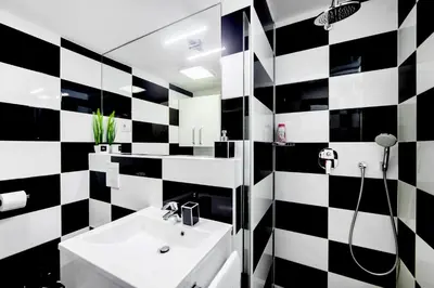 a bathroom with a black and white checkered wall at Black and White Studio in Ljubljana