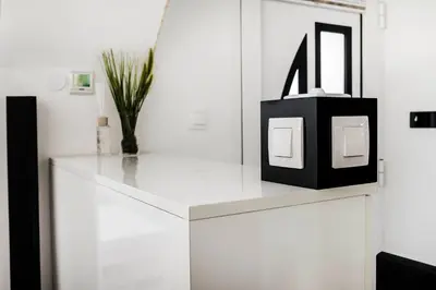 a white cabinet with a black and white picture on it at Black and White Studio in Ljubljana
