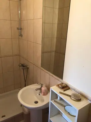 a bathroom with a sink and a mirror and a tub at Country House Zunko in Jelovec