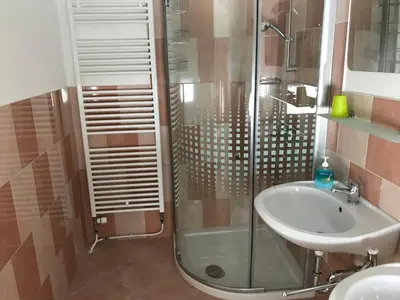 a bathroom with a shower and a sink at Apartments & Rooms Preseren in Bled