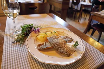 a plate of food on a table with a glass of wine at Hotel Tripič, restaurant and pizzeria in Bohinj