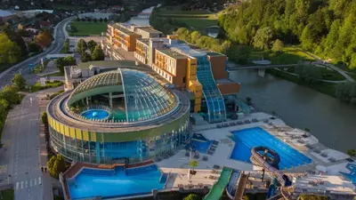an overhead view of a building with a swimming pool at Hotel Thermana Park Laško**** Superior in Laško