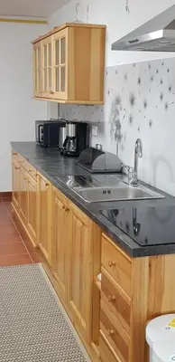a kitchen with a sink and wooden cabinets at Apartments Vijolica on the ski slope with free parking in Kranjska Gora