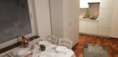a kitchen with a table and chairs in a room at Apartments Vijolica on the ski slope with free parking in Kranjska Gora