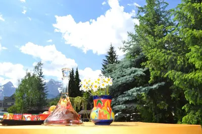 two vases sitting on a table with flowers in them at Apartments Vijolica on the ski slope with free parking in Kranjska Gora