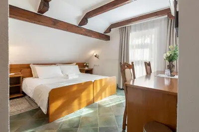 a hotel room with a bed and a desk at Jagodic Garni Hotel in Cerklje na Gorenjskem