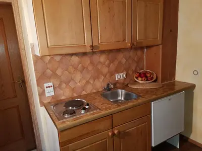 a kitchen counter with a sink and a bowl of fruit at Slovenian Traditional Guest House in Begunje na Gorenjskem