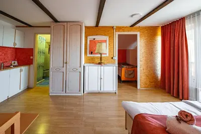 a room with a kitchen and a bedroom with a bed at Slovenian Traditional Guest House in Begunje na Gorenjskem