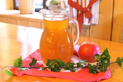 a pitcher of apple juice and an apple on a table at Slovenian Traditional Guest House in Begunje na Gorenjskem
