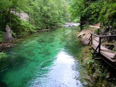 a river with green water and a wooden bridge at Slovenian Traditional Guest House in Begunje na Gorenjskem