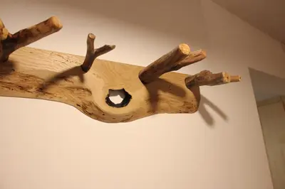 a wooden deer head hanging on a wall at Woodywood house Bohinj in Polje