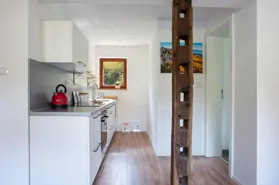 a kitchen with white cabinets and a wooden ladder at Woodywood house Bohinj in Polje