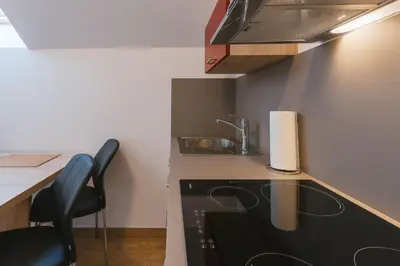 a kitchen with a sink and a stove top oven at Apartments Dominika in Bohinjska Bela