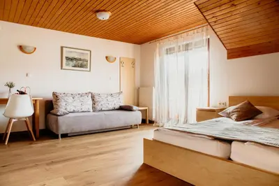 a bedroom with a bed and a couch and a window at Apartments Kristan in Bled
