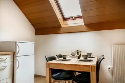 a kitchen with a table with chairs and a refrigerator at Apartments Kristan in Bled